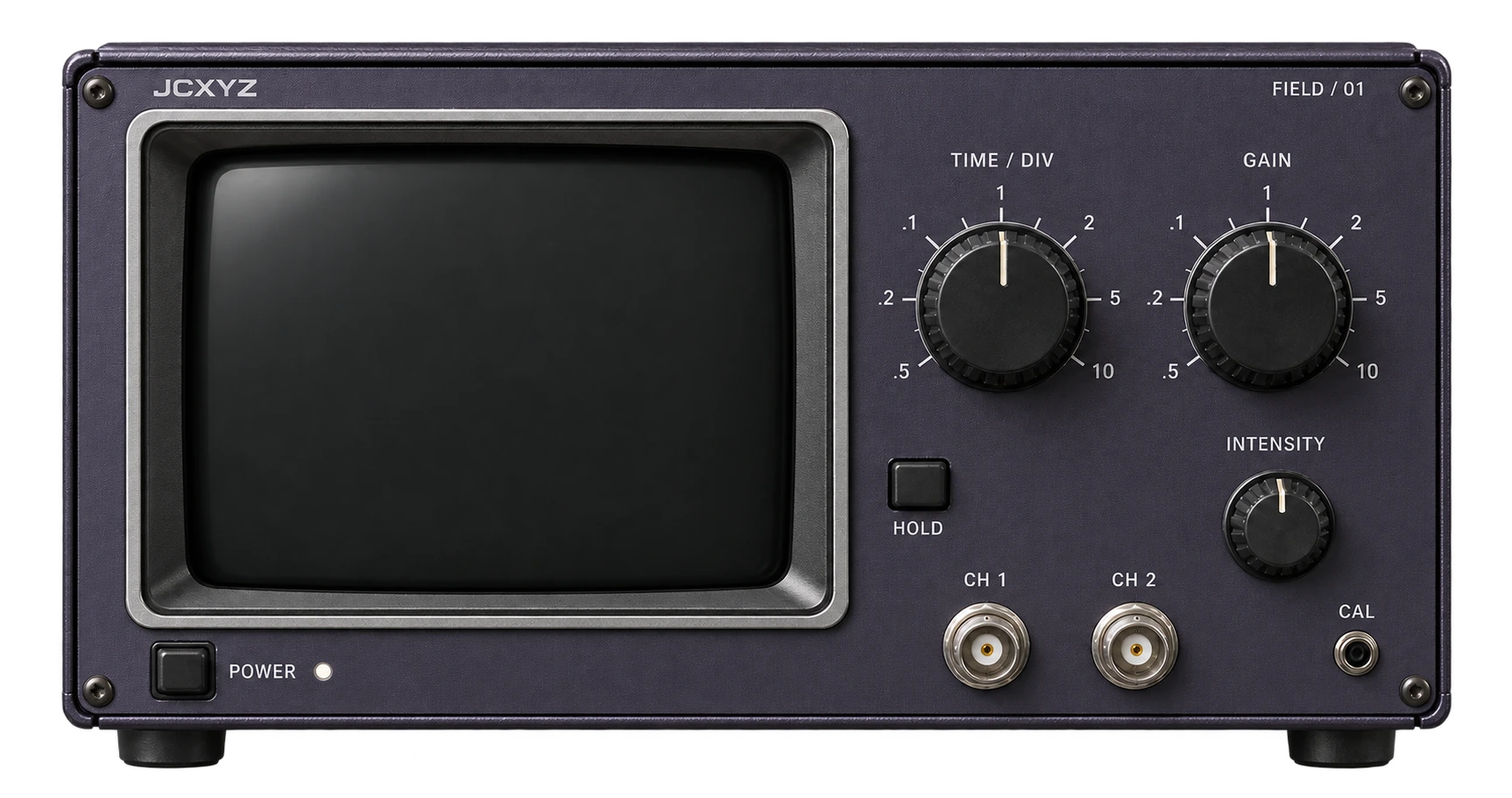 JCXYZ Field 01: a graphite oscilloscope with a recessed glass display and three rotary controls.